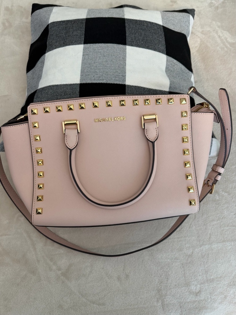 Michael Kors Blush Pink Studded Saffiano Satchel with Crossbody Strap